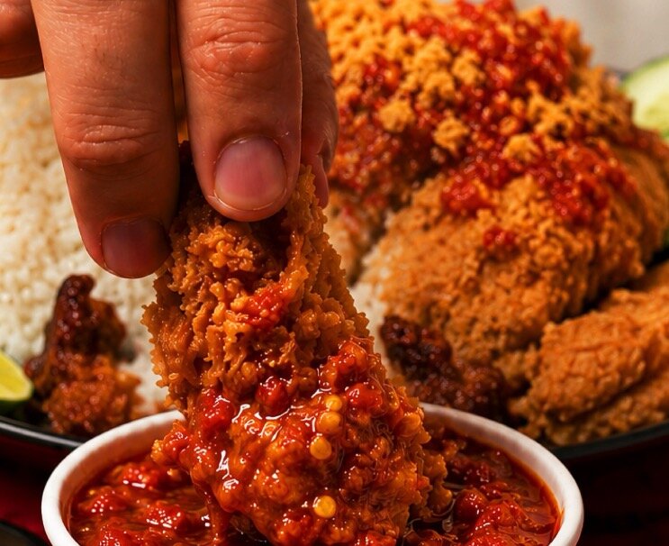 Crispy ayam gepuk dipped in freshly pounded cashew sambal